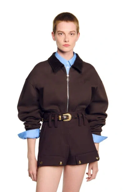 Sandro Cropped Dual-fabric Sweatshirt In Brown