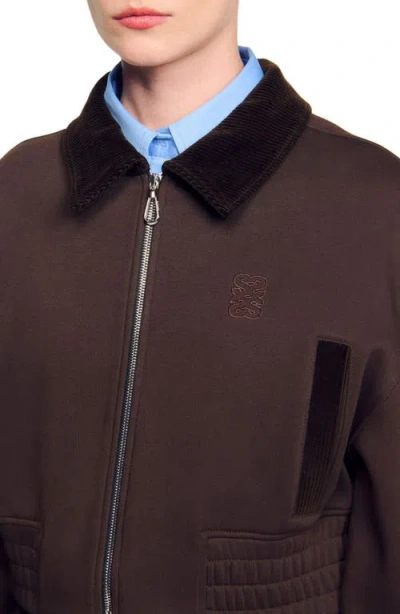 Sandro Cropped Dual-fabric Sweatshirt In Brown