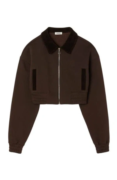 Sandro Cropped Dual-fabric Sweatshirt In Brown