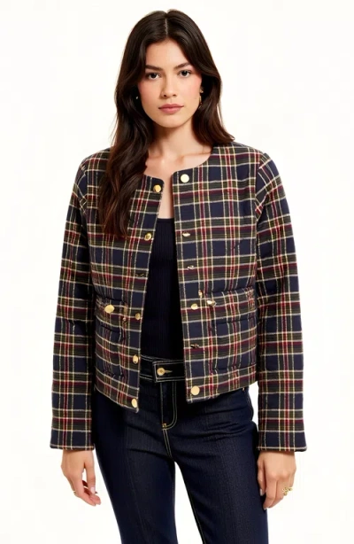 Modenaire Plaid Cropped Jacket With Button Closure And Patch Pocket In Brown