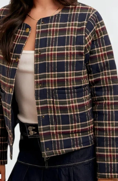 Modenaire Plaid Cropped Jacket With Button Closure And Patch Pocket In Brown