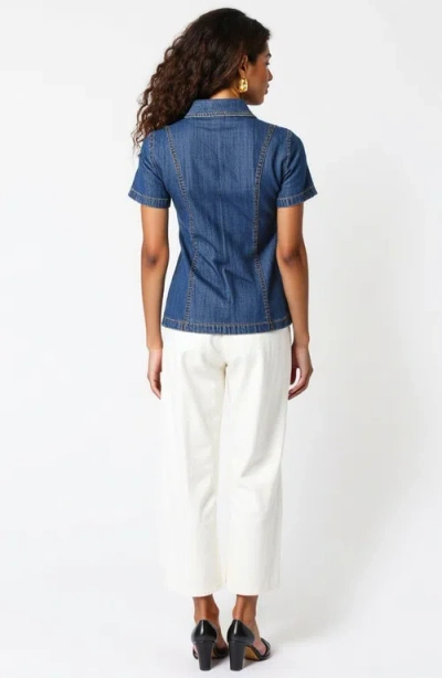 Modenaire Fitted Denim Short-sleeve Button-front Shirt In Blue