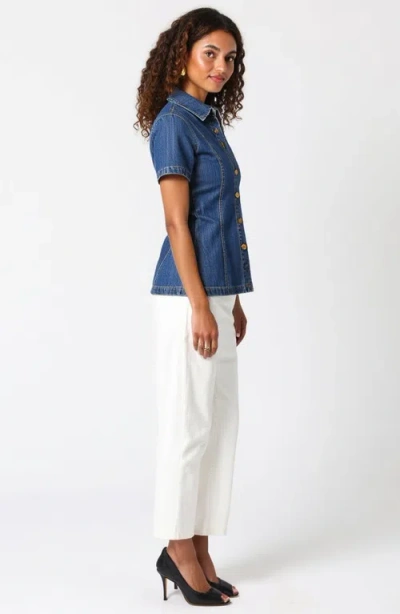 Modenaire Fitted Denim Short-sleeve Button-front Shirt In Blue