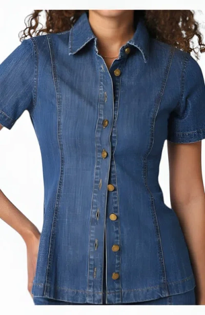 Modenaire Fitted Denim Short-sleeve Button-front Shirt In Blue