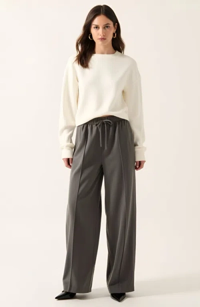 Modenaire Wide-leg Front-seam Elastic Drawstring Waist Trousers In Gray