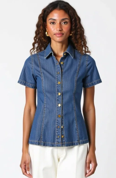 Modenaire Fitted Denim Short-sleeve Button-front Shirt In Blue
