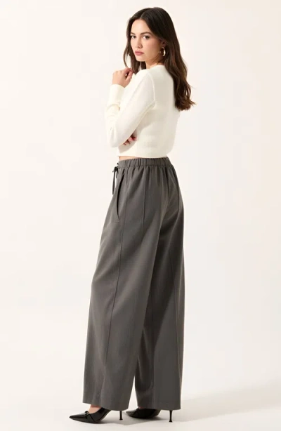 Modenaire Wide-leg Front-seam Elastic Drawstring Waist Trousers In Gray