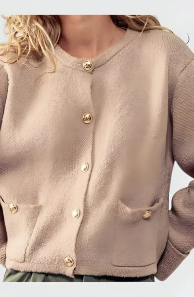 Modenaire Textured Knit Cardigan With Button Front And Patch Pockets In Neutral