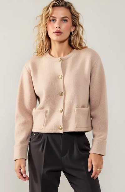 Modenaire Textured Knit Cardigan With Button Front And Patch Pockets In Neutral