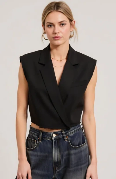 Modenaire Sleeveless Cropped Blazer Vest With Raw Edge Hem And Notched Collar In Black