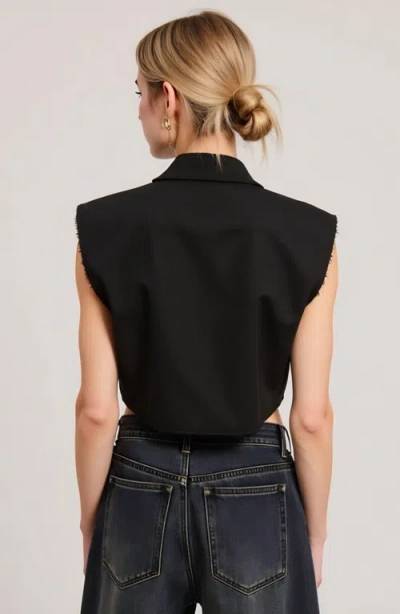 Modenaire Sleeveless Cropped Blazer Vest With Raw Edge Hem And Notched Collar In Black