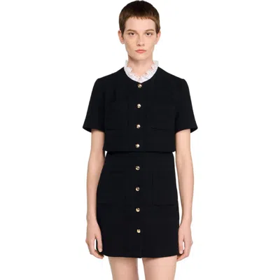 Sandro Womens Detachable-collar Button-down Cotton-blend Mini Dress Black In Black