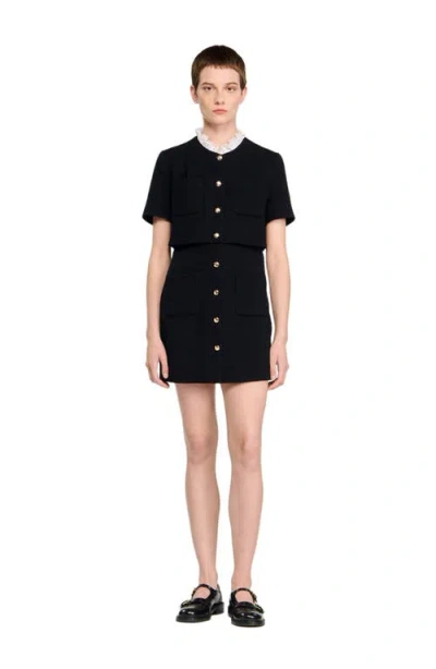 Sandro Womens Detachable-collar Button-down Cotton-blend Mini Dress Black In Black