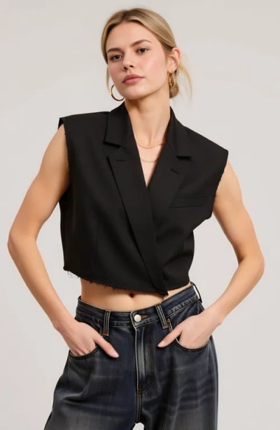 Modenaire Sleeveless Cropped Blazer Vest With Raw Edge Hem And Notched Collar In Black