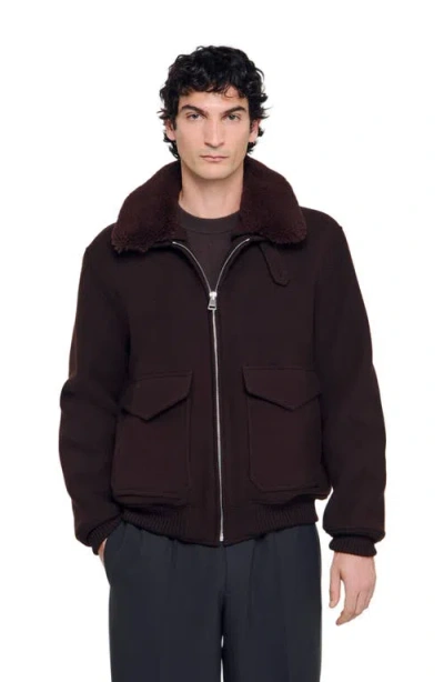 Sandro Mens Black Shearling-collar Wool-blend Aviator Jacket In Brown
