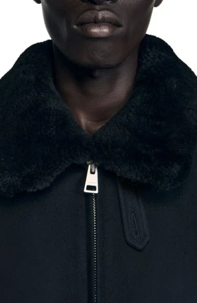 Sandro Mens Black Shearling-collar Wool-blend Aviator Jacket In Black