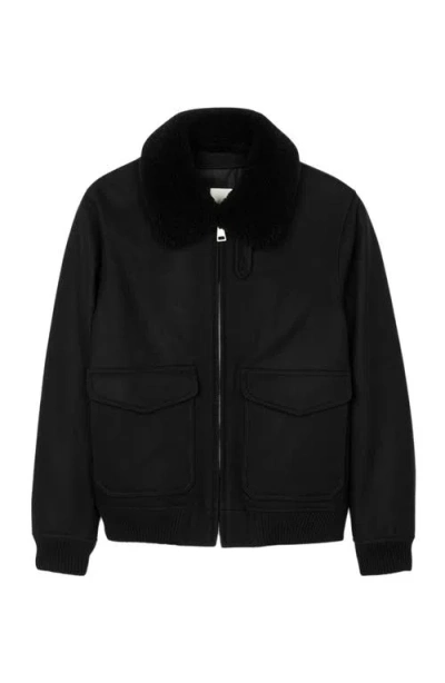 Sandro Mens Black Shearling-collar Wool-blend Aviator Jacket In Black