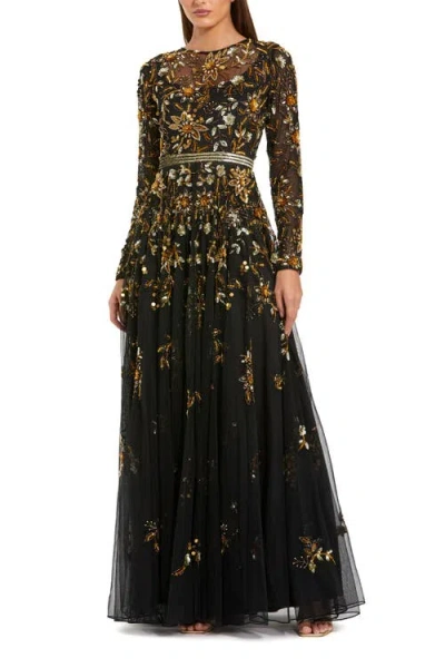 Mac Duggal Hand Beaded Mesh Long Sleeve High Neck A Line Gown In Black