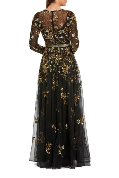 Mac Duggal Hand Beaded Mesh Long Sleeve High Neck A Line Gown In Black
