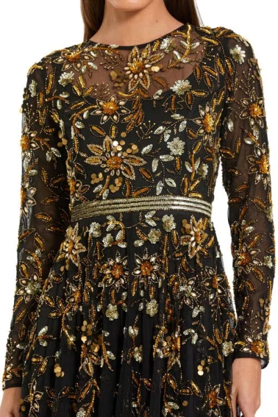 Mac Duggal Hand Beaded Mesh Long Sleeve High Neck A Line Gown In Black