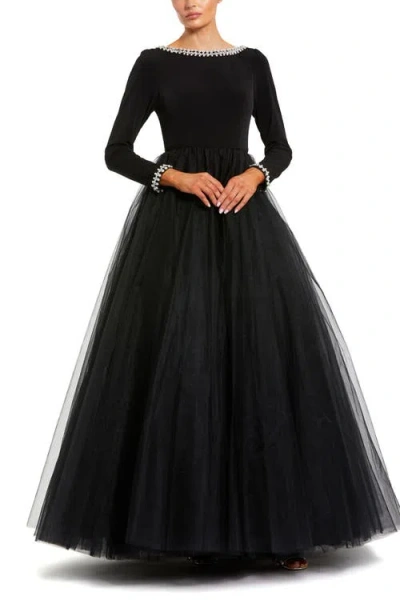Mac Duggal Embellished Jersey Long Sleeve Ballgown With Tulle Skirt In Black