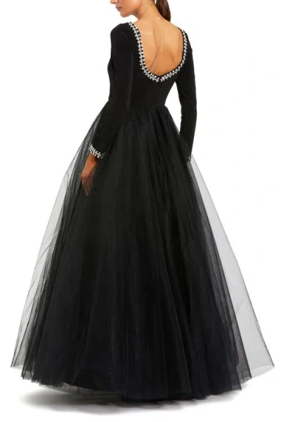 Mac Duggal Embellished Jersey Long Sleeve Ballgown With Tulle Skirt In Black