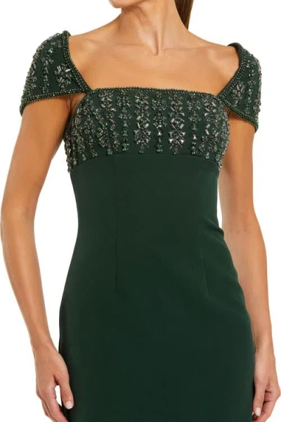 Mac Duggal Crepe Embellished Cap Sleeve Fitted Midi Dress In Green
