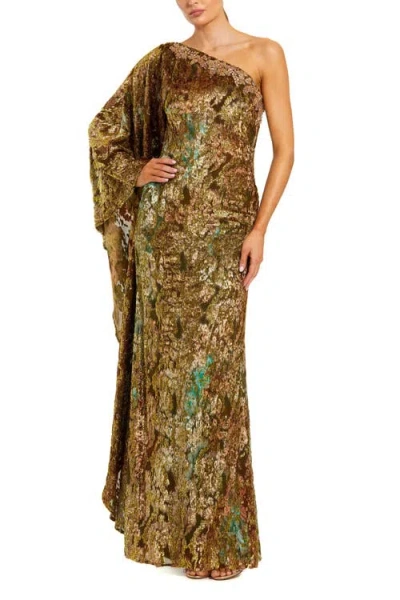 Mac Duggal Metallic Burnout Velvet One-shoulder Gown With Draped Sleeve In Brown
