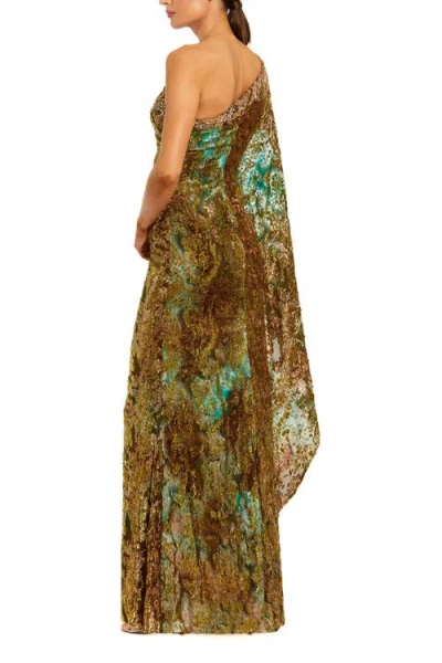 Mac Duggal Metallic Burnout Velvet One-shoulder Gown With Draped Sleeve In Brown