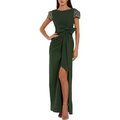 Mac Duggal Beaded Cap Sleeve Crepe Gown With Bow And Slit In Green