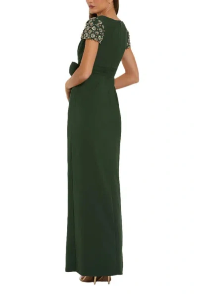 Mac Duggal Beaded Cap Sleeve Crepe Gown With Bow And Slit In Green