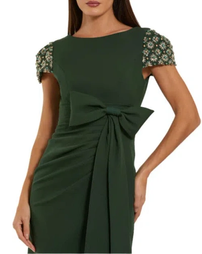Mac Duggal Beaded Cap Sleeve Crepe Gown With Bow And Slit In Green