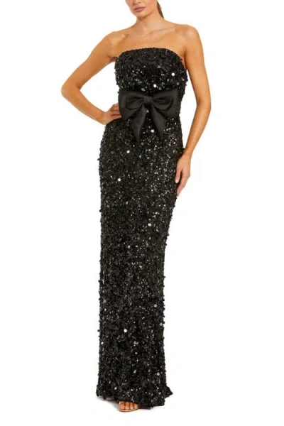 Mac Duggal Strapless Sequin Column Evening Gown With Bow In Black