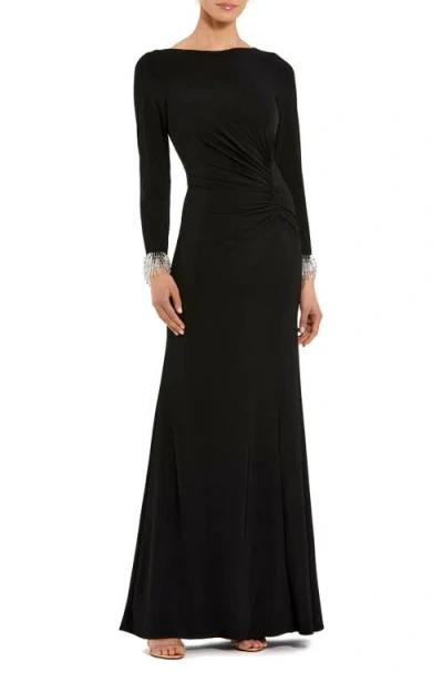 Mac Duggal Long Sleeve Jersey Gown With Beaded Cuff Sleeves In Black