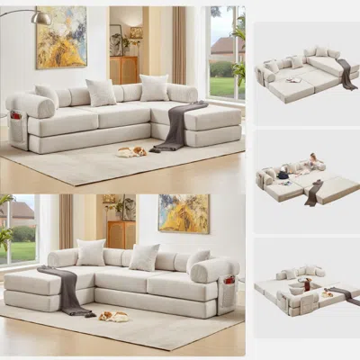 Streamdale Furniture Streamdale 107" Corduroy Modular Sectional Sofa Bed - Beige