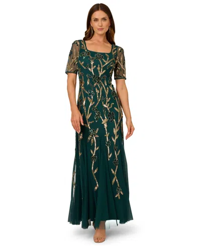 Adrianna Papell Beaded Mesh Gown In Green