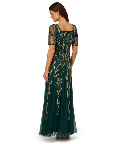 Adrianna Papell Beaded Mesh Gown In Green