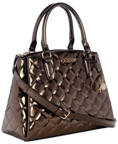 Guess Tinsley Medium Quilted Three Compartment Satchel In Brown