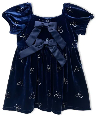 Blueberi Boulevard Baby Girls Puff Sleeve Stretch Velvet Bow Dress In Blue