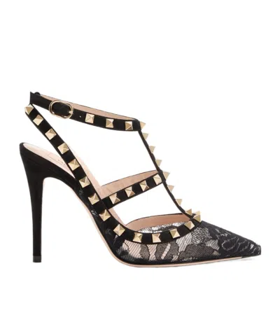 Valentino Rockstud 100 Lace And Suede Pumps In Black