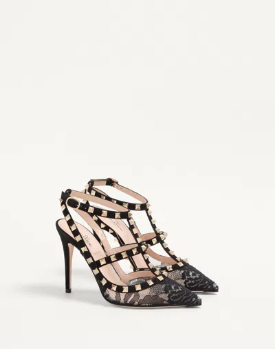 Valentino Rockstud 100 Lace And Suede Pumps In Black
