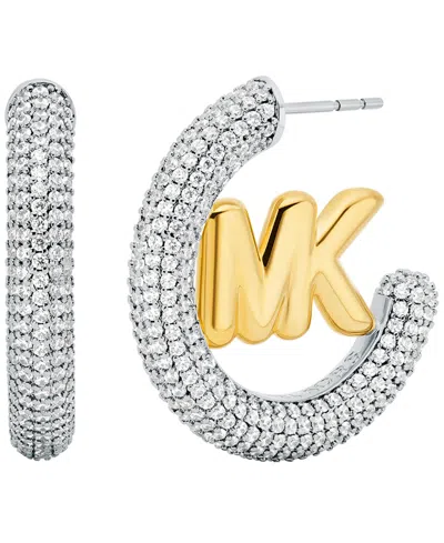 Michael Kors Large Pavé Logo Charm Two-tone Hoop Earrings In Metallic