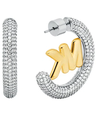 Michael Kors Large Pavé Logo Charm Two-tone Hoop Earrings In Metallic