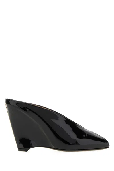 Ferragamo Leather Mules With Wedge Heel And Glossy Finish In Black