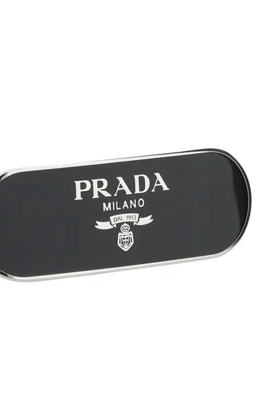 Prada Enameled Hair Clip With Logo In Black
