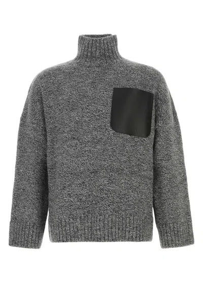 Jw Anderson Grey Sweater With High Neck And One Front Patch Leather Pocket In Wool Blend Man In Gray