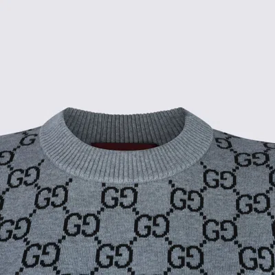 Gucci Grey Reversible Crewneck Sweater With Ribbed Trims In Gg Wool Jacquard Woman In Gray