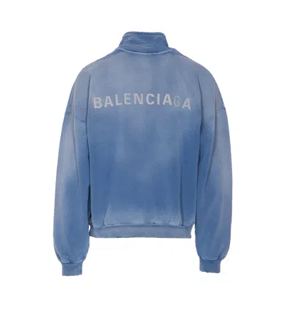 Balenciaga Distressed Logo Zip-up Sweatshirt In Blue