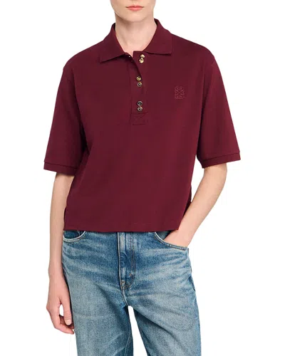 Sandro Womens Bordeaux Button-embellished Embroidered Cotton Polo Shirt In Burgundy