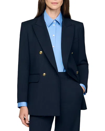 Sandro Womens Navy Blue Pinstripe Long-sleeve Wool-blend Blazer